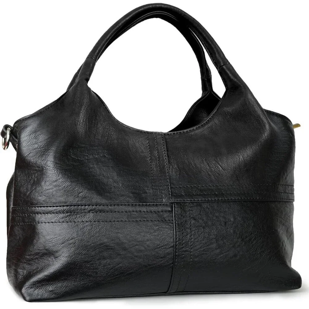 Women's Black Vegan Leather Purse Detachable Satchel Strap Hobo Bags